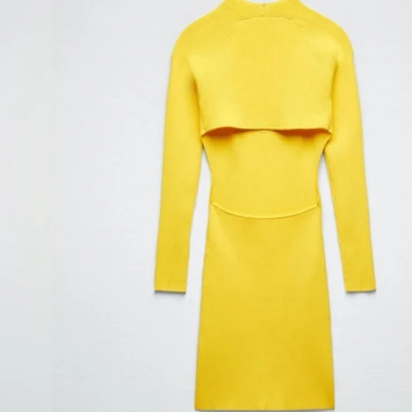 Zara Vibrant Yellow Long Sleeve Bodycon Ribbed Knit Mini Dress SIZE M. - Picture 3 of 10